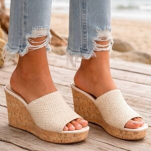 Etienne Aigner Daiquiri Costal Boho Luxe Mule Platform Cork Wedge Sandals 8.5M